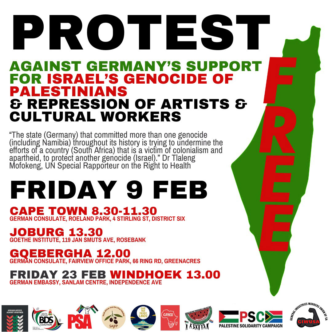 All are invited to join one of these actions this coming Friday, 9th Feb protesting Germany's support and enabling of the genocide 😡 See you there! #Gaza #FreePalesitine #IsraeliNewNazism #Apartheid