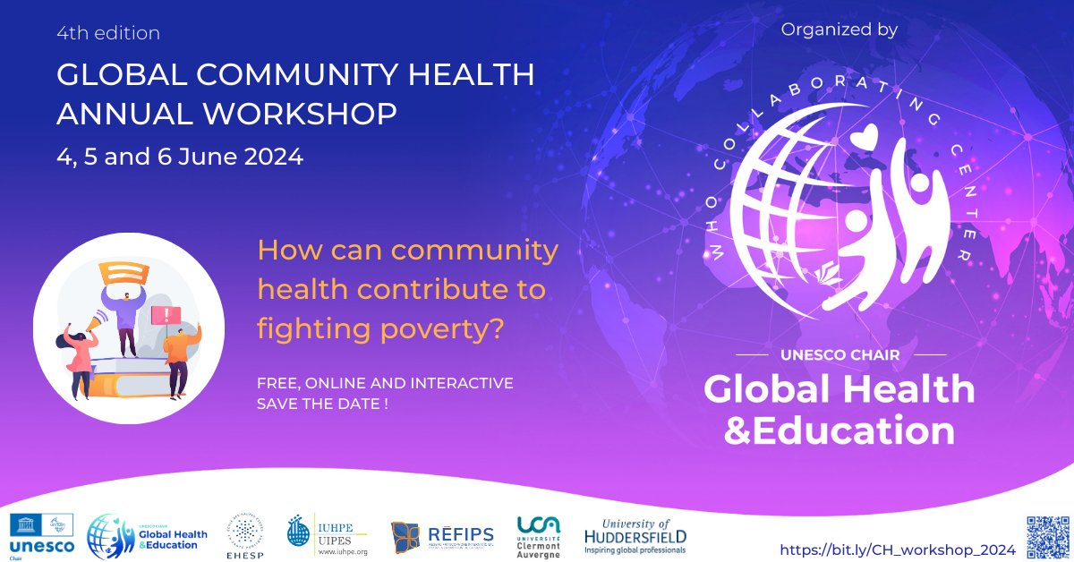 SAVE THE DATE - Global Community Health Annual Workshop, 4 till 6 June 2024 The main theme of this year’s workshop is ‘How can community health contribute to fighting poverty? More information: bit.ly/CH_workshop_20… @EHESP @IUHPE @InspeAuvergne @HuddersfieldUni @NickyJGray