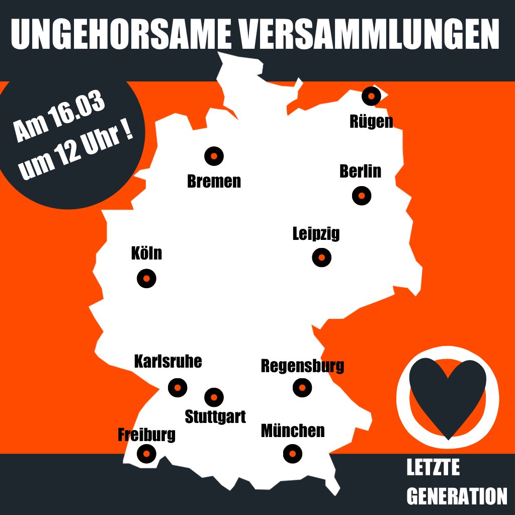 🥁❤️🔥 Save the Date: 

Ungehorsame Versammlungen am 16.03. in 10 Städten!

Diesen Frühling &amp; Sommer wirbeln wir das Land auf - am 16.03. um 12 Uhr werden wir damit starten. 

Nähere Informationen folgen 📝 
Wir sehen uns auf der Straße!