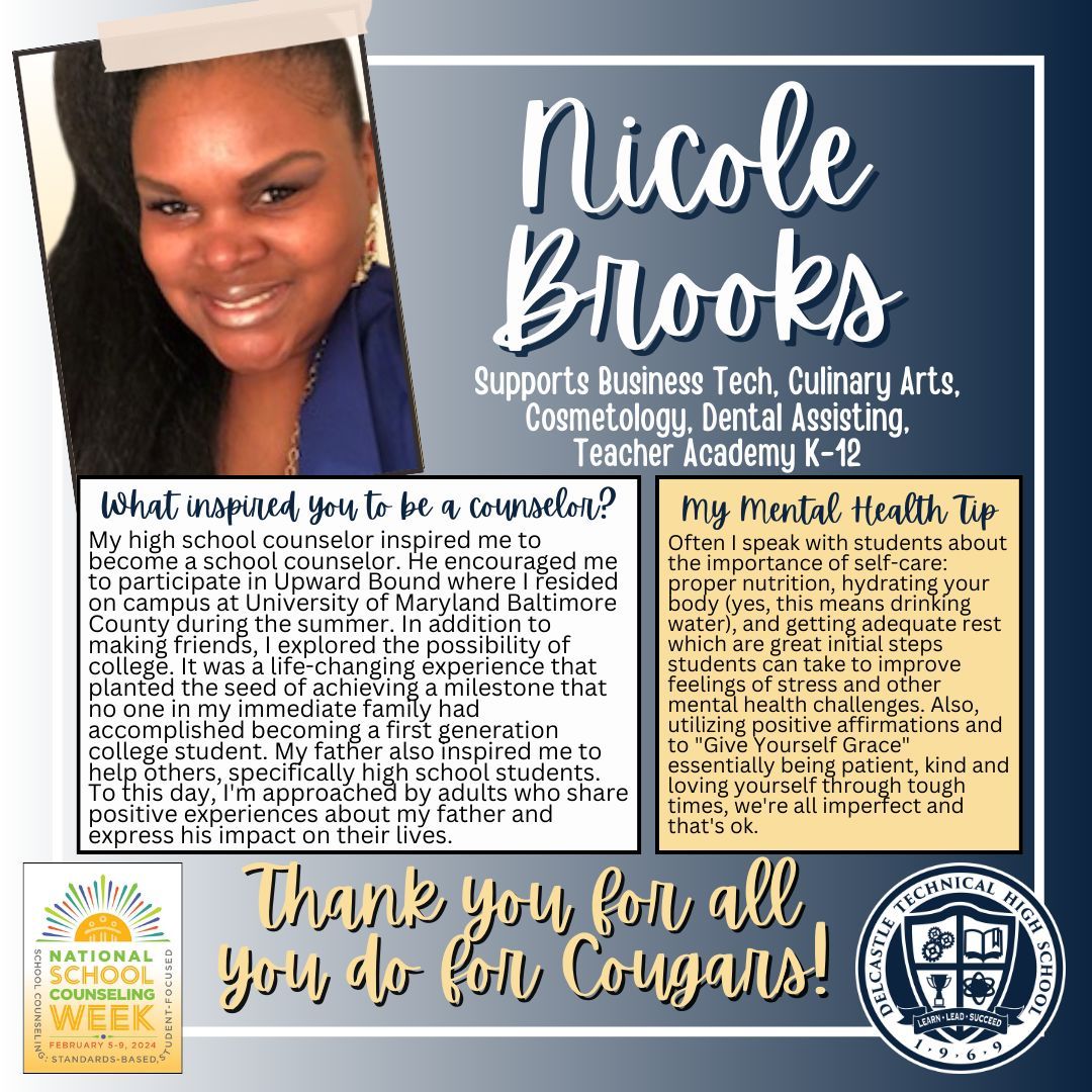 🍎National School Counselors Week 2024 👏 Let's celebrate our Cougar School Counselors! Today, we recognize Nicole Brooks. 📚 Supports Business Tech, Culinary Arts, Cosmetology, Dental Assisting, and Teacher Academy K-12. #CougarNation #NCCVTworks #ThanksCounselors #NSCW24