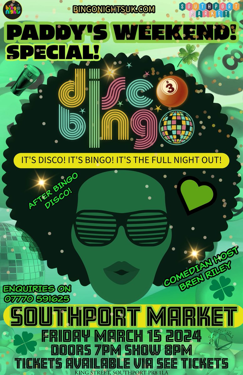 ☘️| 𝐒𝐭 𝐏𝐚𝐭𝐫𝐢𝐜𝐤'𝐬 𝐖𝐞𝐞𝐤𝐞𝐧𝐝 𝐃𝐢𝐬𝐜𝐨 𝐁𝐢𝐧𝐠𝐨 comes to <a href="/southportmarket/">southport market</a> on Friday, March 15! 🇮🇪

Tickets £10 right here! 👇#southport #southportuk 
seetickets.com/tour/disco-bin…