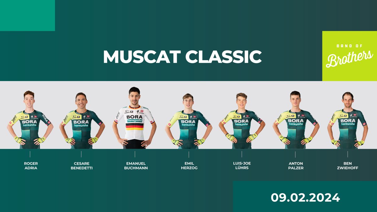 🇴🇲 These boys are back in action for tomorrow's Muscat Classic!

👉  Roger Adria
👉  Cesare Benedetti
👉  Emanuel Buchmann
👉  Emil Herzog
👉  Luis-Joe Lührs
👉  Anton Palzer
👉  Ben Zwiehoff

#BORAhansgrohe #MuscatClassic #BandOfBrothers
