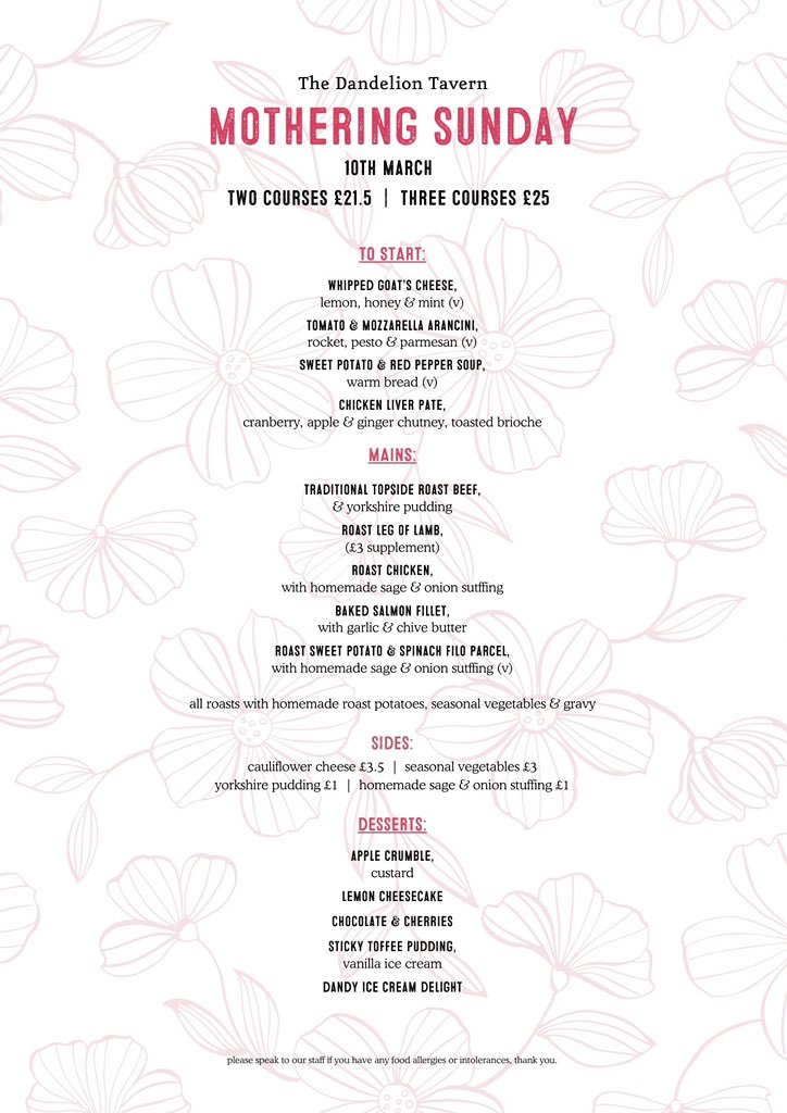 MOTHER’S DAY 
Sunday 10th March is a very special day here in Cronton. It’s all about the mums and we love it! Sunday Lunch Set Menu - Two Courses £21.5 / Three Courses £25 … and…. Book before 1st March and we’ve got a free glass fizz for mum! 

Call us on 0151 909 5255 to book