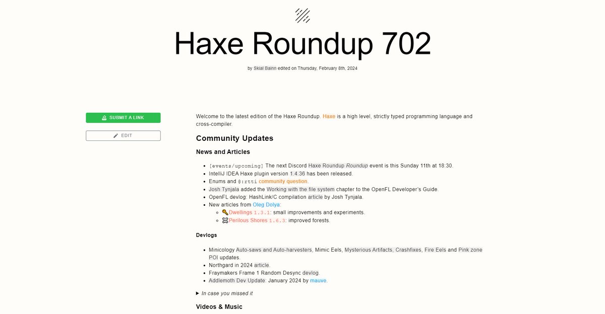 #Haxe Roundup 702 haxe.io/roundups/702/ is out!

The latest game releases, devlogs and articles!

Core changes: C# &amp; Java targets removed. Void only allowed as return type. New haxe.Unit type added.

Plus lots more developements from the community over the last two weeks! 🔥