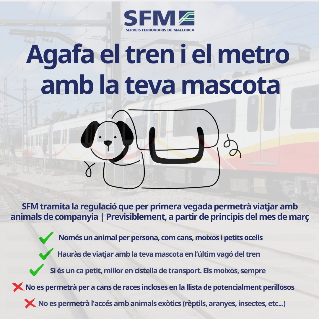 Iniciam la tramitació de la nova regulació que permetrà viatjar amb tren i metro amb cans i altres animals de companyia.

Avui s'inicia període de 20 dies d'exposició pública de la normativa i es preveu que la mesura entri en vigor a principis de març.

➡️tn.caib.es/TreniMetroAnim…