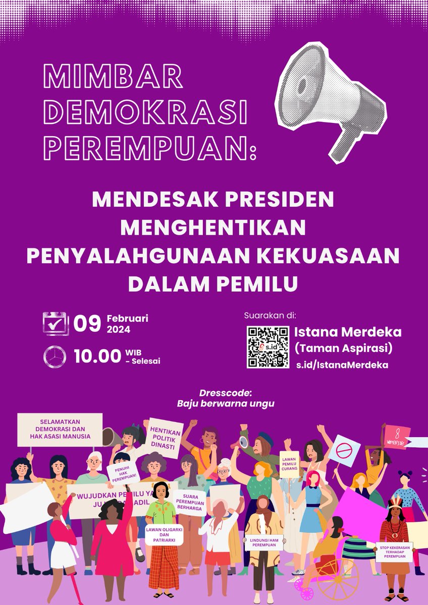 Mimbar Demokrasi Perempuan: Mendesak Presiden Menghentikan Penyalahgunaan Kekuasaan Dalam Pemilu

Jumat, 9 Februari 2023
Jam: 10.00 WIB
Tempat: Taman Aspirasi Monas (Seberang Istana Merdeka)

Pakaian: Nuansa Ungu
 Sobat , Yuk Gabung