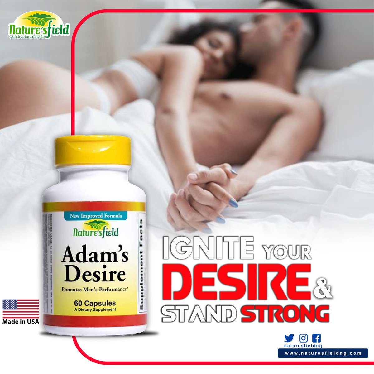 NaturesfieldNg's tweet photo. Ignite your DESIRE, standing strong and leave a LASTING IMPRESSION.
ADAM'S DESIRE is available in pharmacies nationwide or you can visit https://t.co/fql37ob8Zb to order yours now!
#Naturesfield #Naturesfieldng #adamdesire #sexualstamina #lastlonger #lastingimpressions https://t.co/61WtwEvU6T