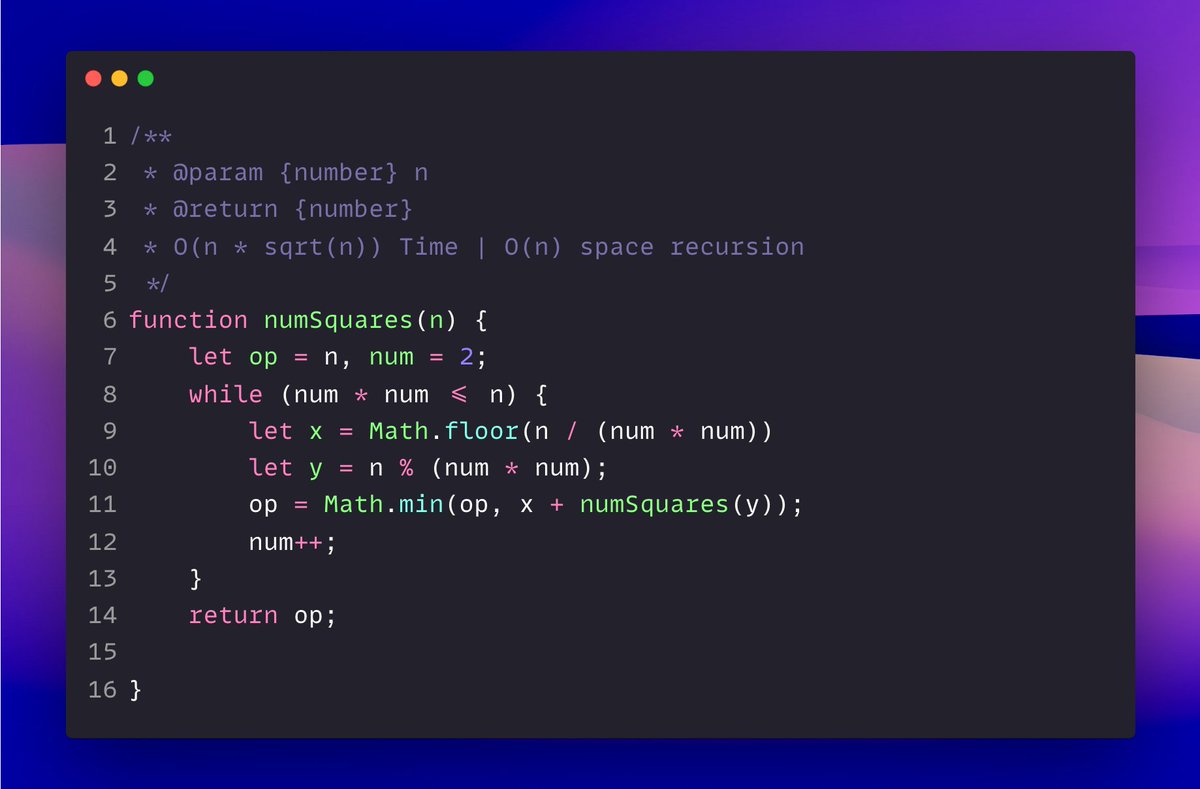 mesunilbagde's tweet image. Daily Coding Problem

279. Perfect Squares

Approach not recording n^2 time, use DP approach.

#coding #alwaysbecoding #learnbydoing #javascript #leetcodestreak