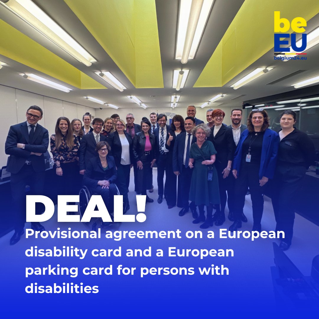 ✅Deal! @EUCouncil & @europarl just found a provisional agreement on a European disability card & European parking card for persons with disabilities. It aims at making moving freely in 🇪🇺 easier for those with disabilities, marking a huge step towards a more equitable society.
