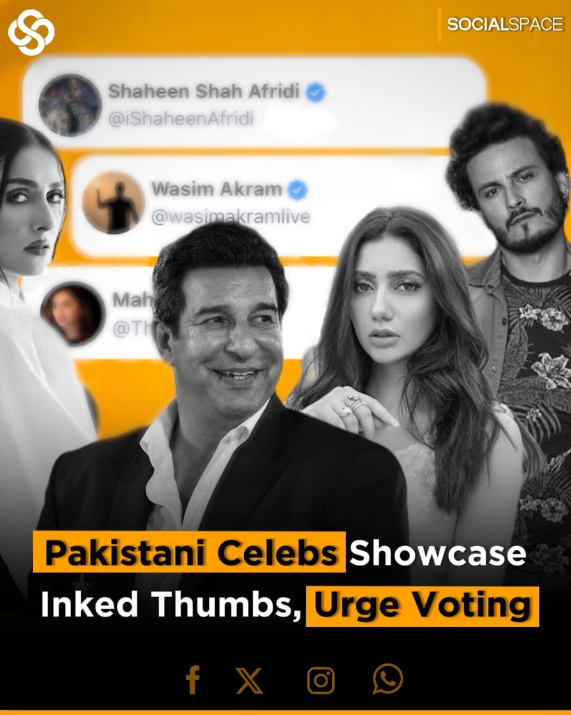 socialspacepk's tweet image. Prominent Pakistani celebrities proudly display their inked thumbs, urging citizens to participate in the voting process.

#PakVotes #CelebEncouragement #ElectionDaySpirit #InkedThumbs #VoteWisely #pakistan #socialspace