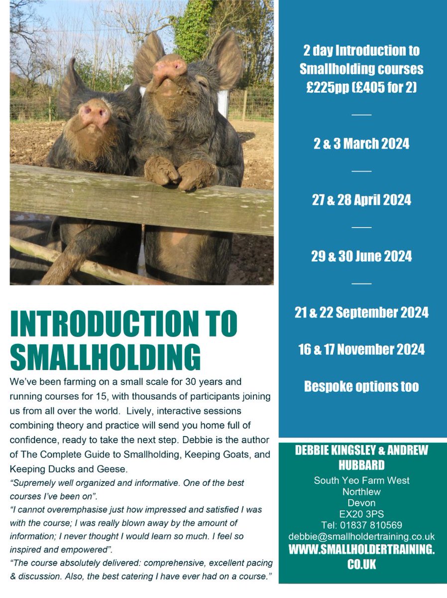 Next date for our Introduction to Smallholding weekend course that inspired my book The Complete Guide to Smallholding, published by @crowoodpress is 2 & 3 March. smallholdertraining.co.uk/introduction-t…. A copy of the book is included!