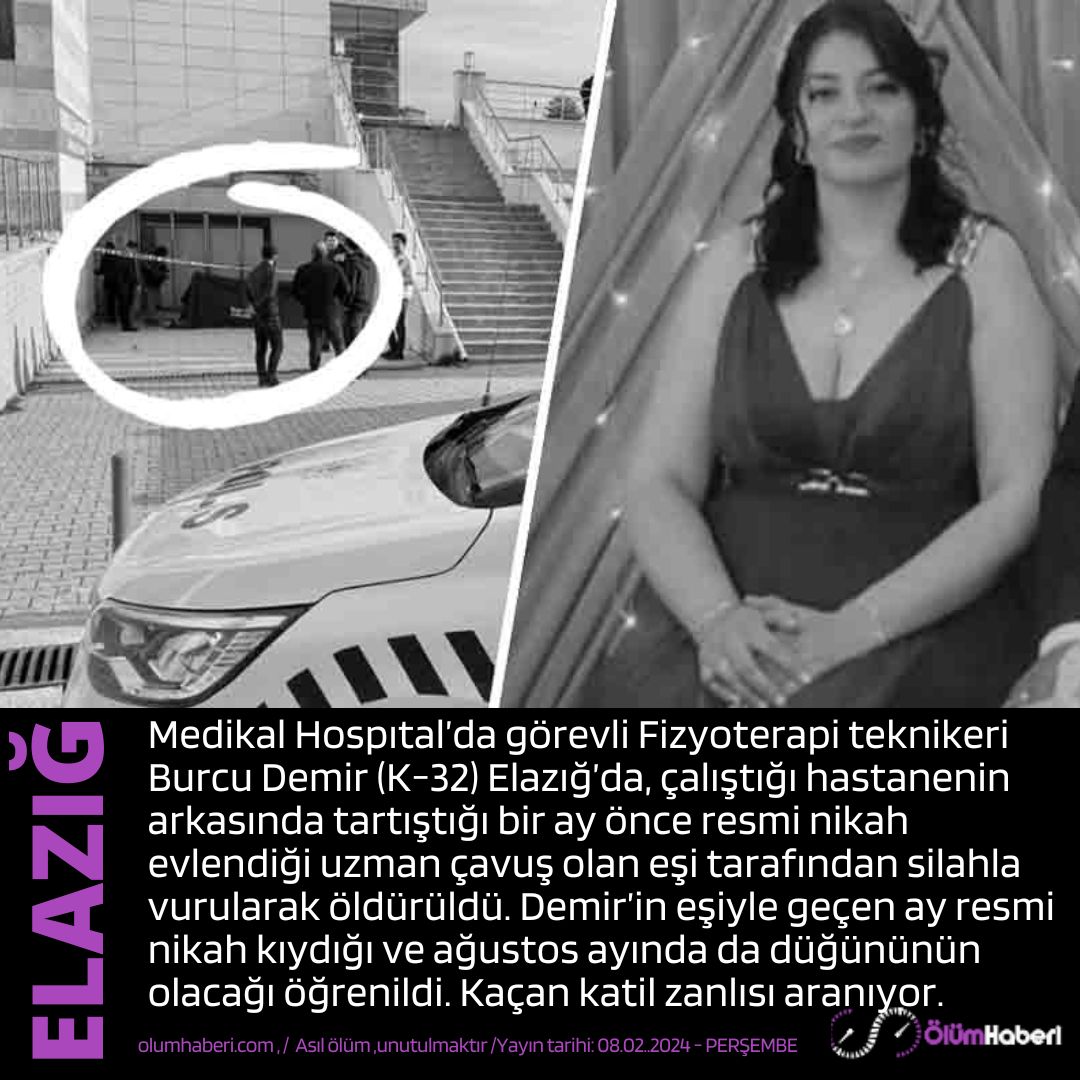 OlumHaberi's tweet image. Fizyoterapi teknikeri Burcu Demir (K-32) Elazığ’da, uzman çavuş eşi tarafından silahla vurularak öldürüldü.
olumhaberi.com/fizyoterapi-te… #Fizyoterapi #BurcuDemir #elazig   #vefat #cenaze #kadıncinayeti