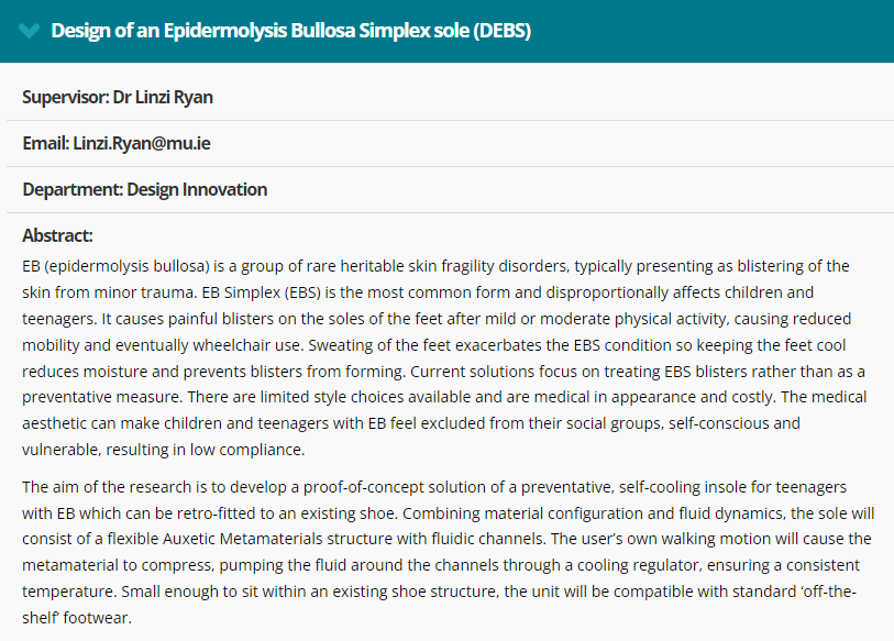 Debra - The Butterfly Skin Charity (@debraireland) on Twitter photo Dr Linzi Ryan from <a href="/MaynoothUni/">Maynooth University</a> is looking for #PhD applicants for the 'Design of an Epidermolysis Bullosa Simplex sole (DEBS)' project.
Rare diseases, such as EB, often get overlooked when it comes to the development of new treatments. #Research can help change this.
Details Dr Linzi Ryan from <a href="/MaynoothUni/">Maynooth University</a> is looking for #PhD applicants for the 'Design of an Epidermolysis Bullosa Simplex sole (DEBS)' project.
Rare diseases, such as EB, often get overlooked when it comes to the development of new treatments. #Research can help change this.
Details