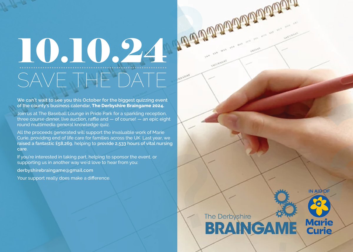 The Derbyshire Brain Game (@derbraingame) on Twitter photo Tables are now on sale for #DBG2024! All proceeds support <a href="/MarieCurieEMids/">Marie Curie East Midlands</a> in their invaluable work providing end of life care for families across Derbyshire.
Please drop us a message if you would like any further information or would like to book a table. Tables are now on sale for #DBG2024! All proceeds support <a href="/MarieCurieEMids/">Marie Curie East Midlands</a> in their invaluable work providing end of life care for families across Derbyshire.
Please drop us a message if you would like any further information or would like to book a table.