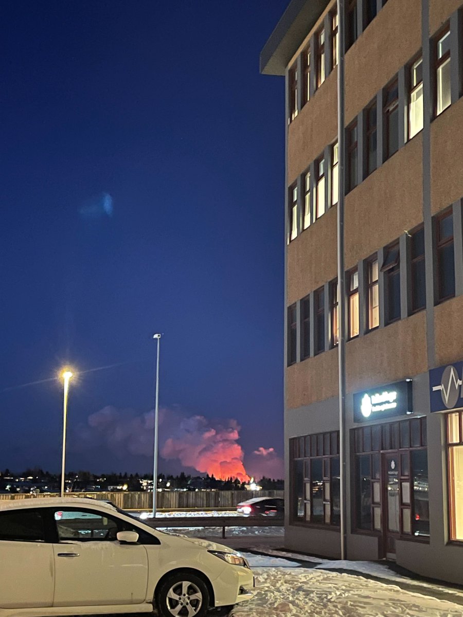 Eruption has started again in Iceland and here is a photo from our office parking lot this morning. Everyone is safe. Photo by @itsmusicbyraven #Iceland #Eruption