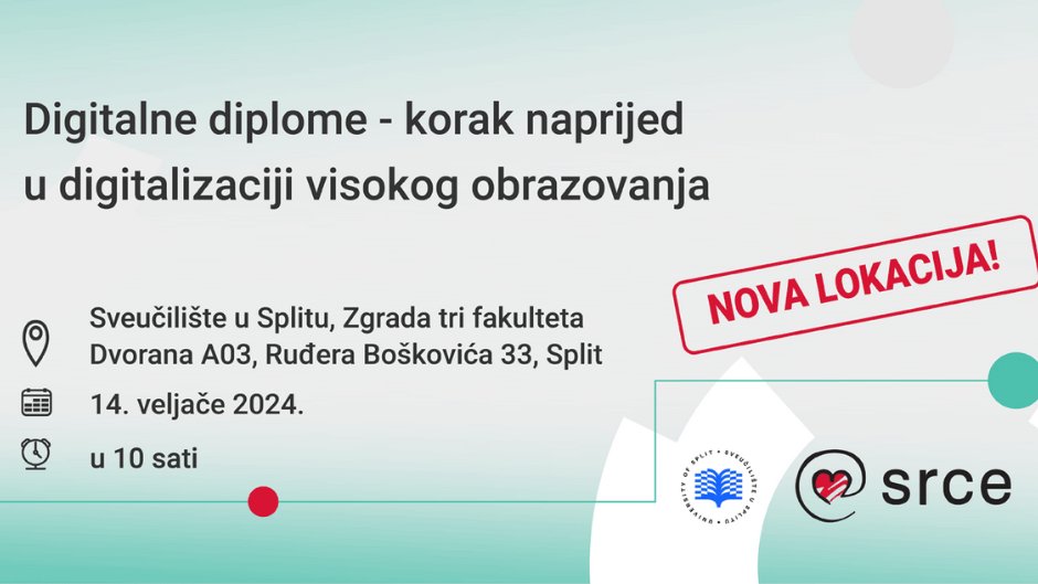 [Srce & Digitalne diplome] 📢Pridružite nam se na zadnjem događaju vezanom za uvođenje digitalnih diploma na @HrUnist, 14. veljače 2024., u 10 sati u Dvorani A03 Zgrade tri fakulteta, na adresi Ruđera Boškovića 33. 📝🔗Više informacija i prijave: rb.gy/5c77xz