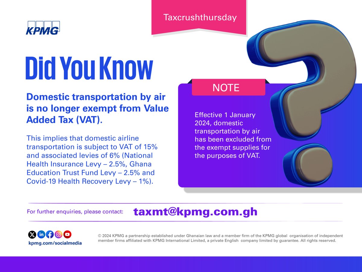 KPMG_GH's tweet photo. Did you know...
Starting January 1, 2024, domestic transportation by air has been excluded from the exempt supplies for the purpose of VAT.
For further enquiries, reach out to us on taxmt@kpmg.com.gh.
#TaxCompliance #VATChanges #KPMGInsights https://t.co/jAx3OFEk4o