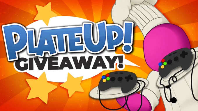 PlateUp! giveaway art. On the right is a pink chef from PlateUp! holding two plates. These plates both have console controllers on them. There is a speech bubble coming from the chef that reads "PlateUp! giveaway!". The background is orange and yellow stripes and there are yellow stars around the speech bubble.