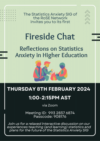 RoSE_Network_'s tweet photo. 📢 A reminder that our @RoSE_Network_ Statistics Anxiety SIG is hosting a fireside chat today (February 8th)! 📢

Join us on Zoom for a relaxed interactive discussion on our experiences teaching and learning statistics 

#StatsEd https://t.co/lKKjj4WyWu