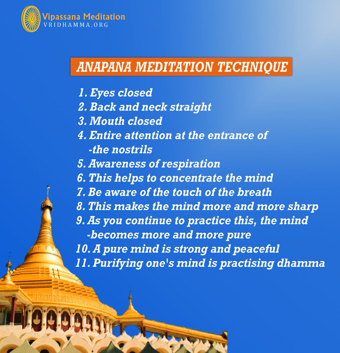 vridhamma.org/mini-anapana

#Buddha #Dhamma #Sangha #Vipassana #Meditation #SayagyiUBaKhin #SNGoenka #centenaryyear #buddhateachings #enlightenment #peace #meditatedaily #mettabhavana #mindfulness #spirituality #compassion #lovingkindness #meditate #meditationpractice #metta