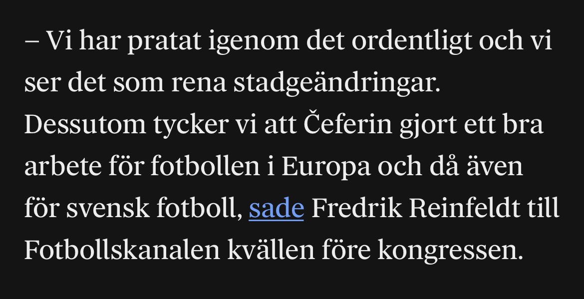 UEFA är som ett miniryssland. Analogin med ryssland är slående där en ”lydstat eller ”oblast” (SvFF i detta fallet) röstar på att förlänga tiden ”diktatorn” får sitta, för att ”diktatorn” är så bra.

dn.se/sport/uefas-ko…
