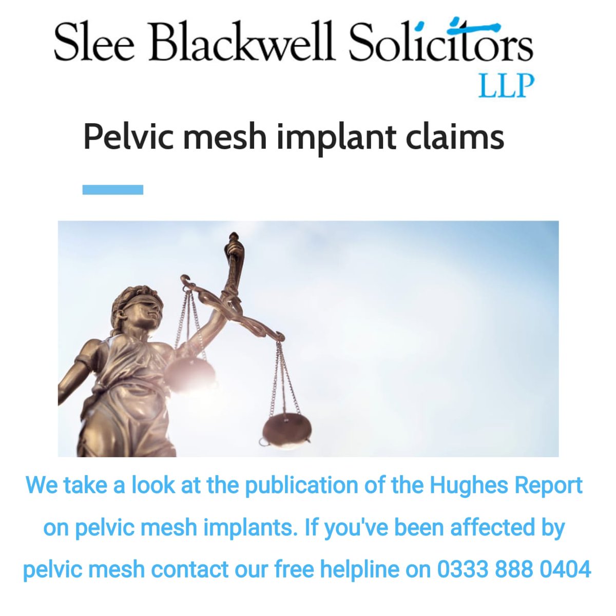 @CarolineWebberB looks at the Hughes Report abt pelvic #mesh implants. We offer a free helpline for people to discuss their legal position in confidence. Call freephone 0333 888 0404 or send an email with brief details to us at info@sleeblackwell.co.uk

sleeblackwell.co.uk/legal-articles…