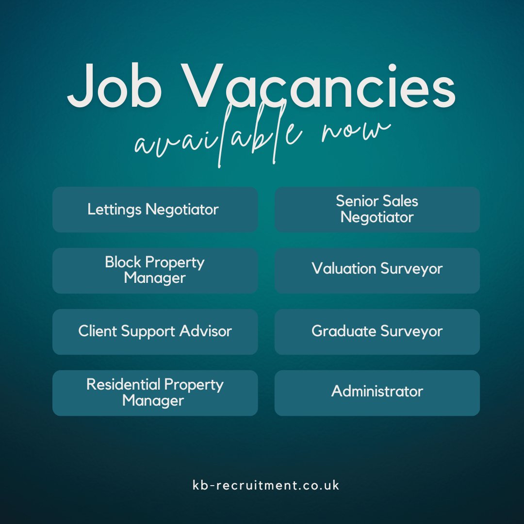 Roles we are currently advertising for at KB Recruitment. If you're interested in working in #property, #law or the #financial industry get in touch by dropping us a message! 

Visit our vacancies page on our website today! kb-recruitment.co.uk/jobs/