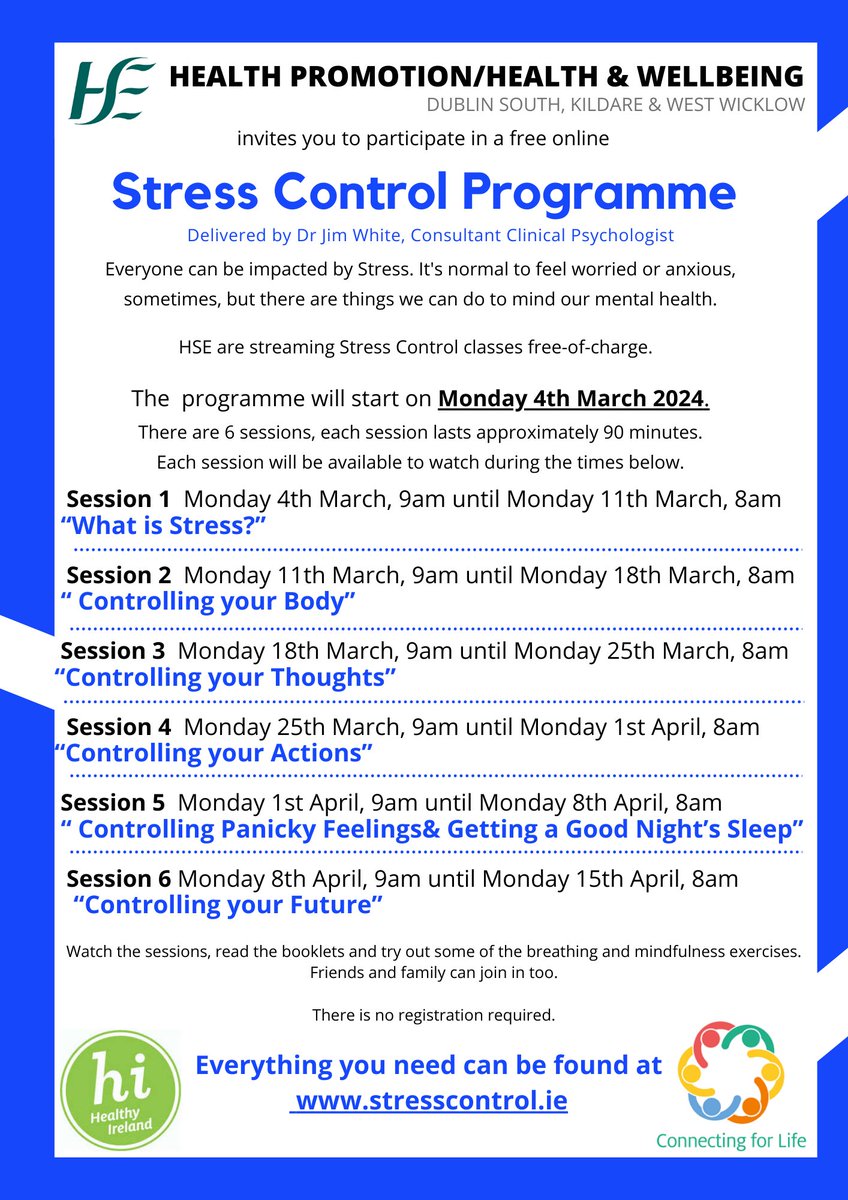 Great news everyone. The HSE on line Stress Control Programme will start again on March 4th.  All the details are below.  #connectingforlife @HSECHO7 #socialprescribing
#healthandwellbeing
