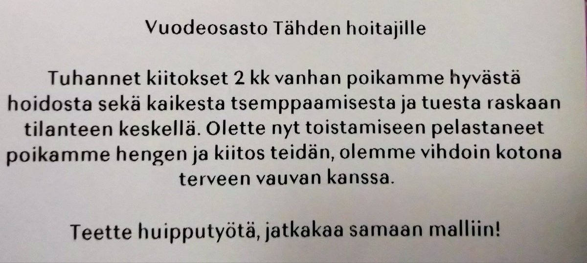 Vaikkei kukaan kiitoksilla elä, niin tää kyllä sai kyyneleet liikutuksesta silmiin ja mielen iloa tulvilleen. Se maailman paras työ. ❤️ #sairaanhoitaja #hoitotyö #lastensairaala