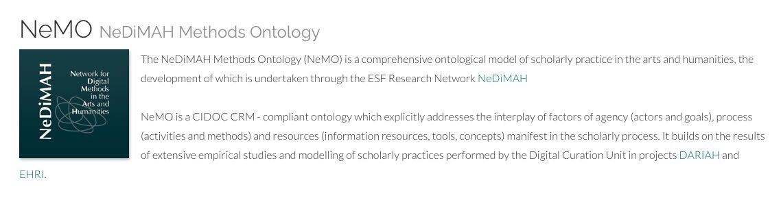DARIAHeu's tweet photo. Welcome back to #ToolsServicesThursday!🎉
For our first resource of 2024, we are spotlighting NeMO - NeDiMAH Methods Ontology, a comprehensive ontological model of scholarly practice in the arts and humanitie👀
➡️Read more: https://t.co/NelxRO7CPW https://t.co/uJ8RDu7ZxM