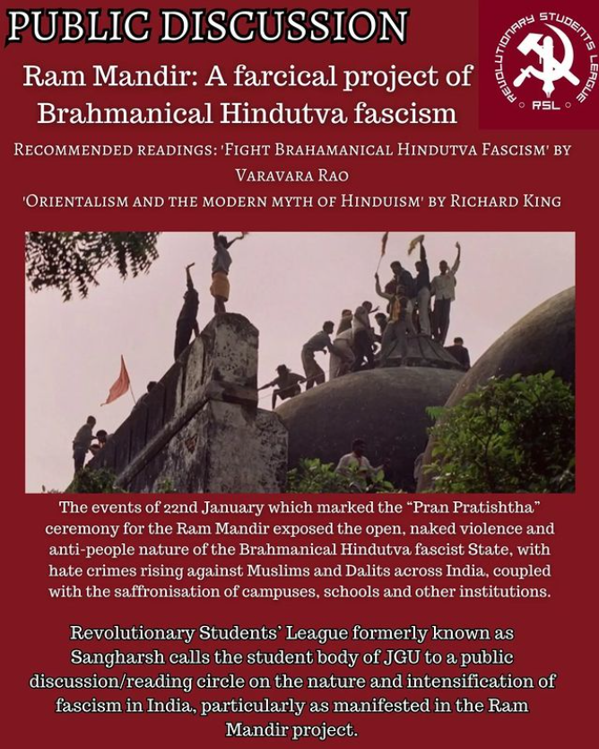 thehawkeyex's tweet photo. Marxist commie students org Revolutionary Student League (RSL) at O.P. Jindal Institute organized an event "Ram Mandir: A Farcical Project of Brahmanical Hindutva Fascism". The event was attended by some 6-7 organizers, apparently disrupted by 20-30 'Sanghi' students who raised Jai Sri Ram slogan.

The 'angry' commie student later posted this video on Instagram saying that the only solution to this Brahmanical Fascism is militant resistance.

What's happening @JindalGlobalUNI @MPNaveenJindal ?

This is not the first time such controversy has erupted. Why the institute is becoming a breeding ground for potential militants, in the name of FoE?