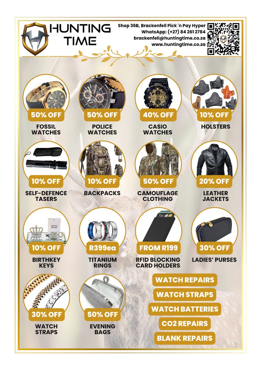 Hunting Time SA has New & Discounted Special Deals Available In-Store!
#PerfumeDeals #CologneDeals #WatchDeals #EverydayCarry #SelfDefense #DiscountedDeals #PerfumeSale #CologneSale #WatchSale #EDCItems