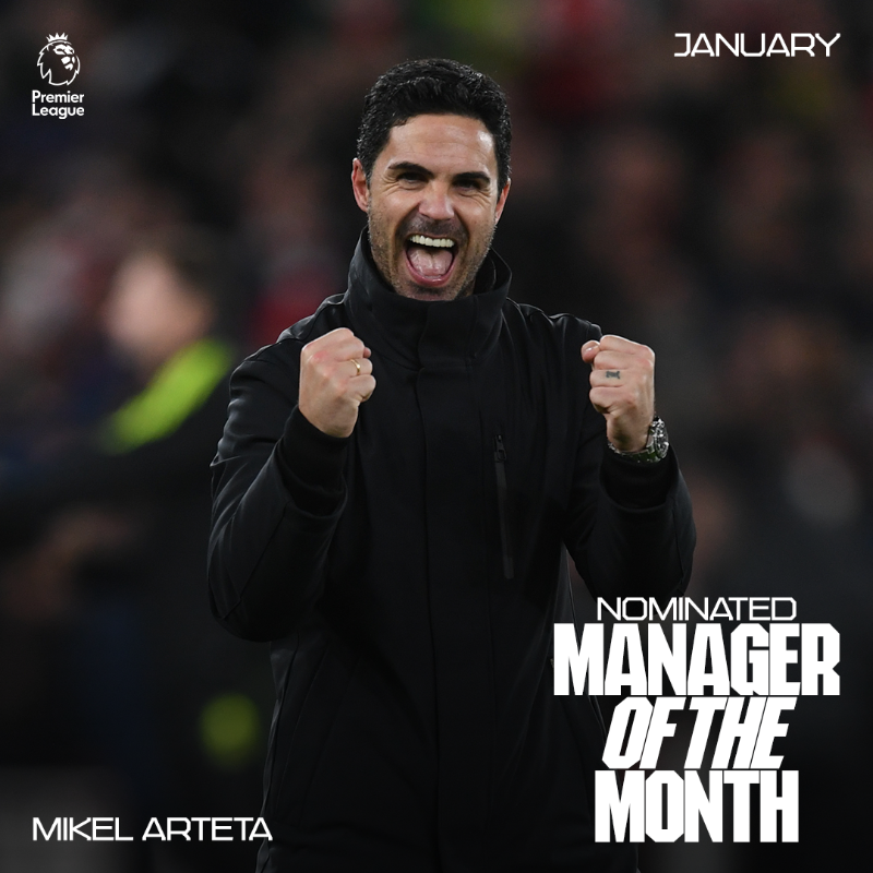 Arsenal's tweet photo. Our boss has been nominated for January's Premier League Manager of the Month award 👊

🗳 Help Mikel to win here! 👇