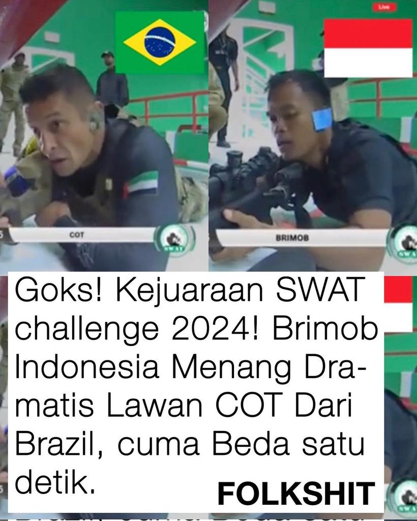Brimob Indonesia menang drastis lawan COT dari Brazil, cuma beda 1 detik.
Bangga punya brimob kayak gini 🥰💂

Video nya ada di Threadd