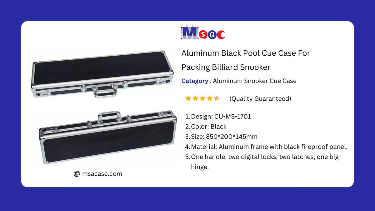 MSACaseCo's tweet image. Protect your precious pool or snooker cue with a sleek, aluminum black case from MSACase. Check out our Aluminum Black Pool Cue Case For Packing Billiard Snooker. Click Here: msacase.com

#aluminumsnookercuecase #snookercuecase #cuecase #msacase