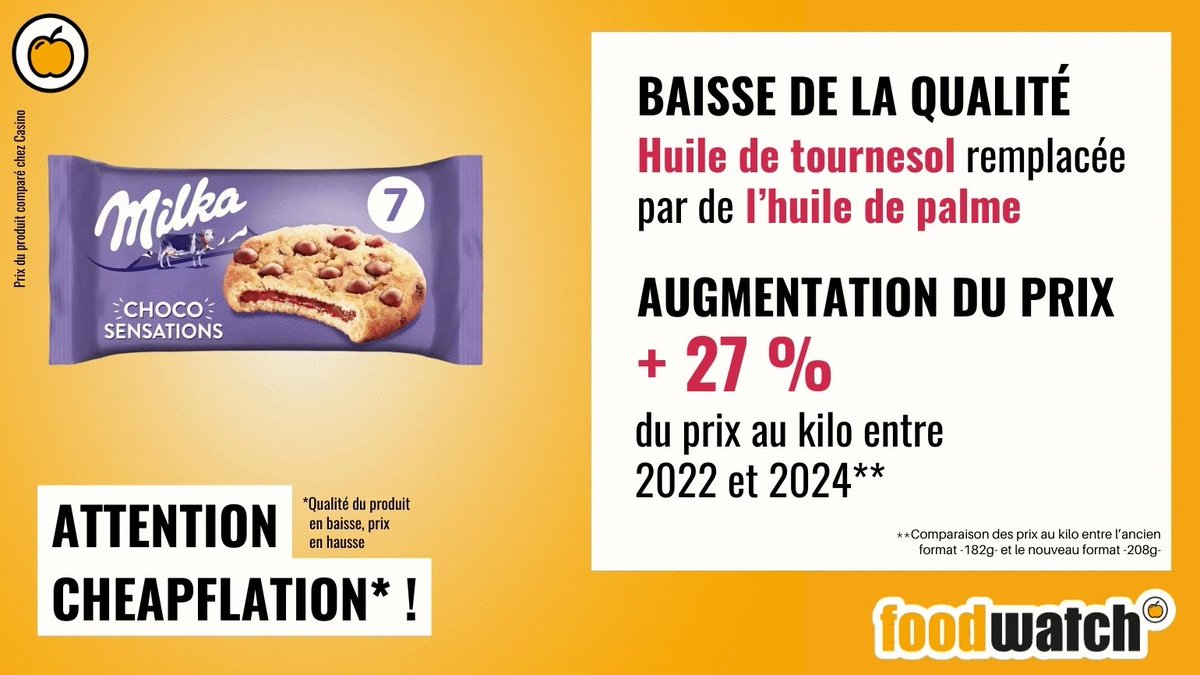 InfosFrancaises's tweet photo. "Cheapflation" : l'association de défense des consommateurs Foodwatch épingle des produits de grandes marques dont la composition a été altérée tandis que leurs prix augmentaient, à l’insu des consommateurs en période d’inflation. https://t.co/Vt1n7KeMXp