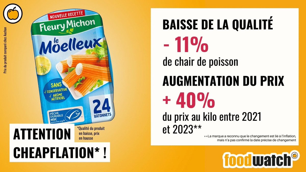 InfosFrancaises's tweet photo. "Cheapflation" : l'association de défense des consommateurs Foodwatch épingle des produits de grandes marques dont la composition a été altérée tandis que leurs prix augmentaient, à l’insu des consommateurs en période d’inflation. https://t.co/Vt1n7KeMXp
