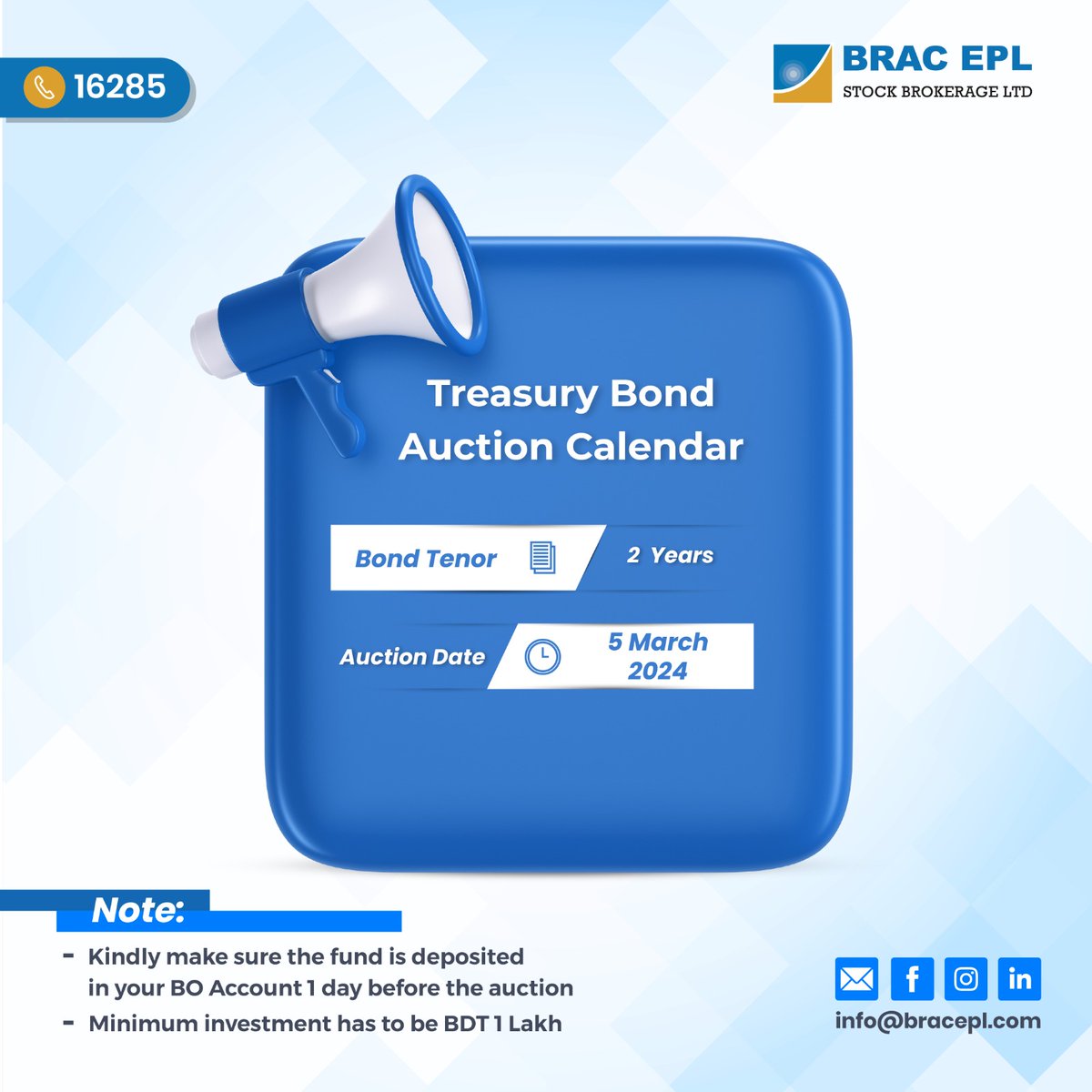 brac_epl's tweet photo. Upcoming Treasury Bond Auction!
Buy Treasury Bond through BRAC EPL. Send an e-mail to info@bracepl.com or call 16285.

#fixedincome #bonds #bracepl #stockmarket #TreasuryBond #UpcomingAuction https://t.co/ZIgnTdrrMt
