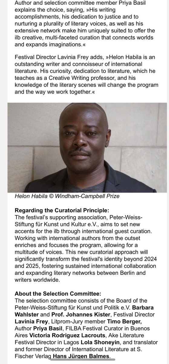 Lọlá Shónẹ́yìn (@lolashoneyin) on Twitter photo 🚨 Fantastic News!
Nigerian novelist and poet <a href="/HelonHabila/">Helon Habila</a> will be the curator-in-residence for the 24th edition of the International Literature Festival @ilb_festival in #Berlin.
Great choice! 🚨 Fantastic News!
Nigerian novelist and poet <a href="/HelonHabila/">Helon Habila</a> will be the curator-in-residence for the 24th edition of the International Literature Festival @ilb_festival in #Berlin.
Great choice!