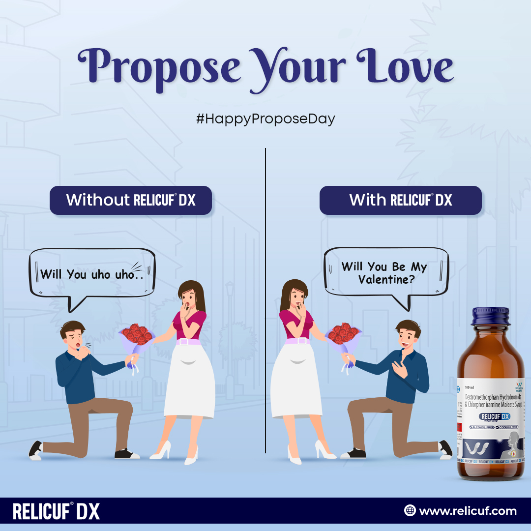 On this Propose Day, Say 'Yes' to Love, No to Coughs!

#HappyProposeDay #ProposeDay #ProposeDay2024 #Relicuf #RelicufDX #coughrelief #coughremedy #coughsyrup #coughmedicine #coldsymptoms #sorethroat #nasalcongestion #DryCough #WetCough