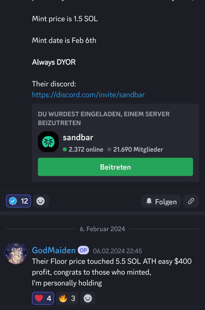 We're also active in Solana projects! Our latest recommended project saw a 4x increase post-Mint.
Don't miss out on our next big suggestion.🌟🚀

It's for free: 🆓 discord.com/invite/DZP2eT66

 #Solana #TheTopSecretAlpha
