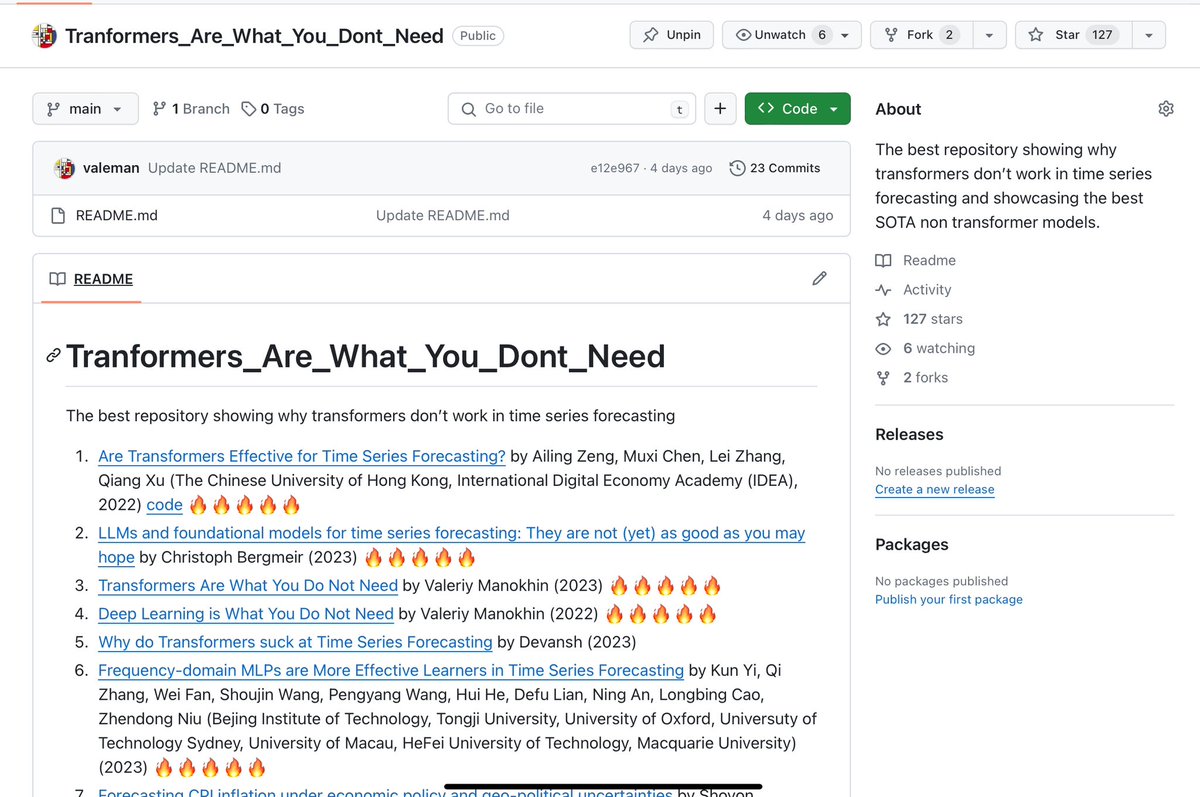 One of the biggest peddlers of transformers for #timeseries #forecasting doesn’t like this repo much.

Why does he hate this repo one might ask? Because it is a perfect antidote to his claims. 

Meanwhile the repo keeps growing and has over 20 amazing papers and models showing