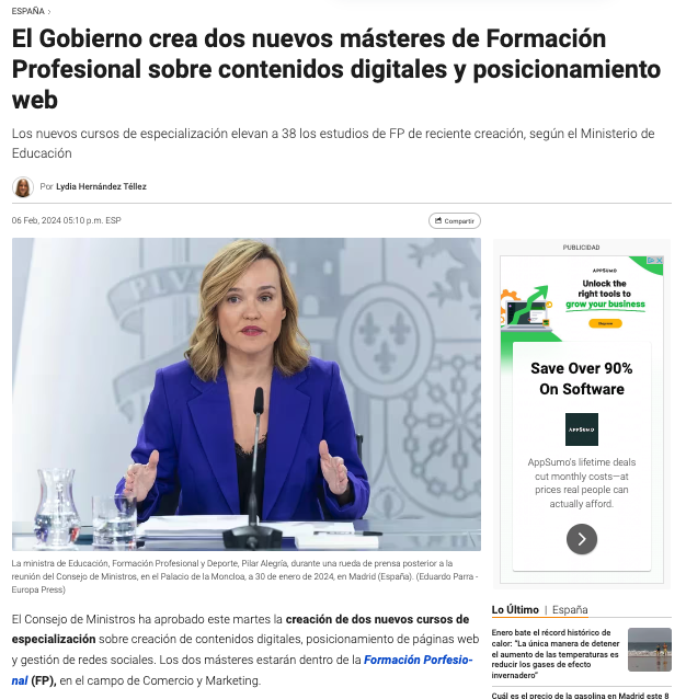 pablomoratinos's tweet photo. Llegan un FP reglado de SEO (710h) y otro de Copy (410h) en formato máster. Interesante movimiento del ministerio de Educación ¿Qué te parece la noticia? https://t.co/th87EcFUMO