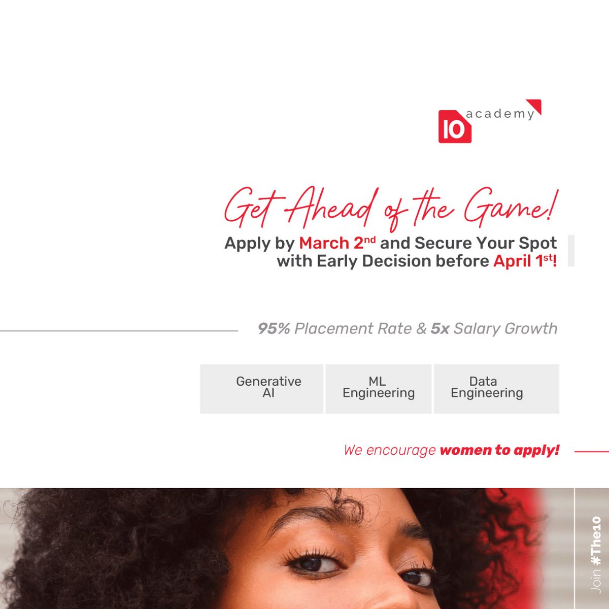 Apply now for 10 Academy's Early Decision option for cohort B. 6-month online training in AI. Early Decision period: March 4 - April 1. Apply by March 2 for Early Admissions, and March 31 for Regular Decision at apply.10academy.org/login. 

#10Academy #bethe10.