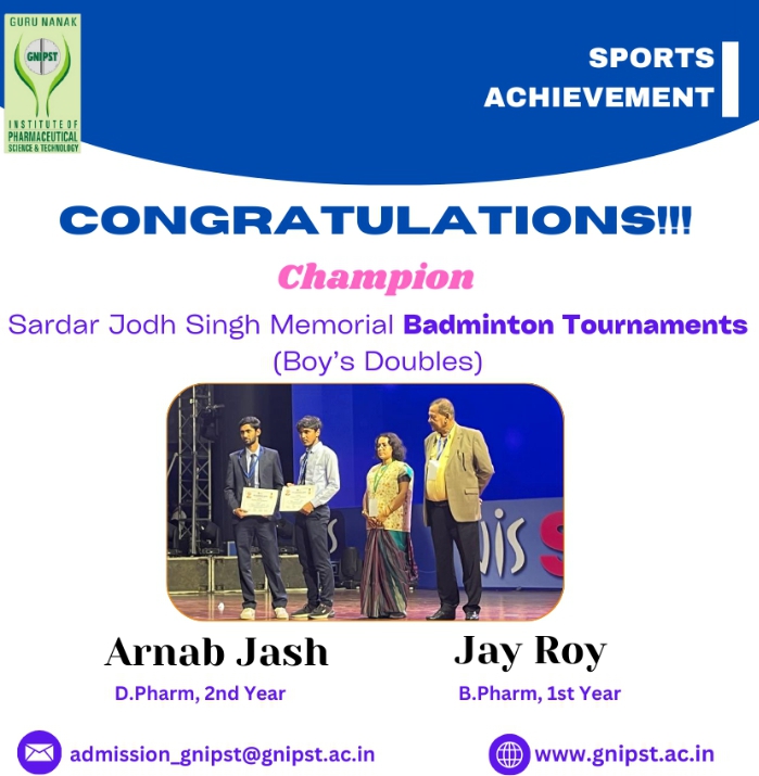 CONGRATULATIONS TO Mr. Arnab Jash and Mr. Joy Ray for champion (gold medal winners) in Sardar Jodh Singh Memorial Badminton Tournament (Boy's Doubles).
#GNIPST #JISGroup #Winner #Badmiton #tournament
You may follow GNIPST @
Website: gnipst.ac.in