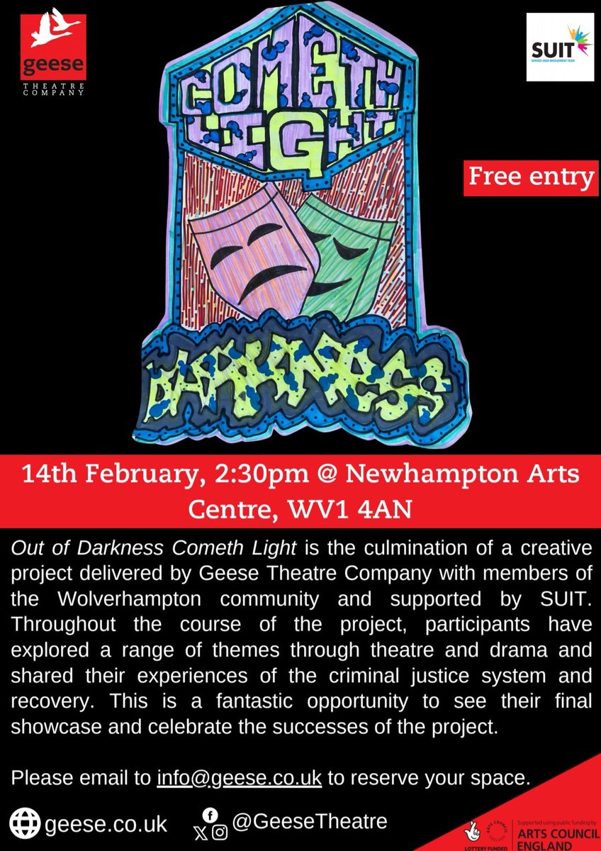 Next Wednesday (Valentines Day ❤️) the @GeeseTheatre are coming to #Wolverhampton!
Join SUIT for a performance at the @Newhampton 14/02/24 2.30pm, See clients from SUIT & @GSM_Wolves perform on stage their experiences within criminal justice & recovery 👏🏼🔥