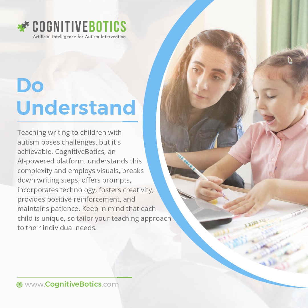 CognitiveBotics (@cognitivebotics) on Twitter photo Children with autism often face challenges in communication,social interactions & writing.Despite these hurdles,targeted approaches can aid in developing their writing skills & fostering self-expression.
Send us a message on WhatsApp no.+919581622929 or sales@cognitivebotics.com Children with autism often face challenges in communication,social interactions & writing.Despite these hurdles,targeted approaches can aid in developing their writing skills & fostering self-expression.
Send us a message on WhatsApp no.+919581622929 or sales@cognitivebotics.com