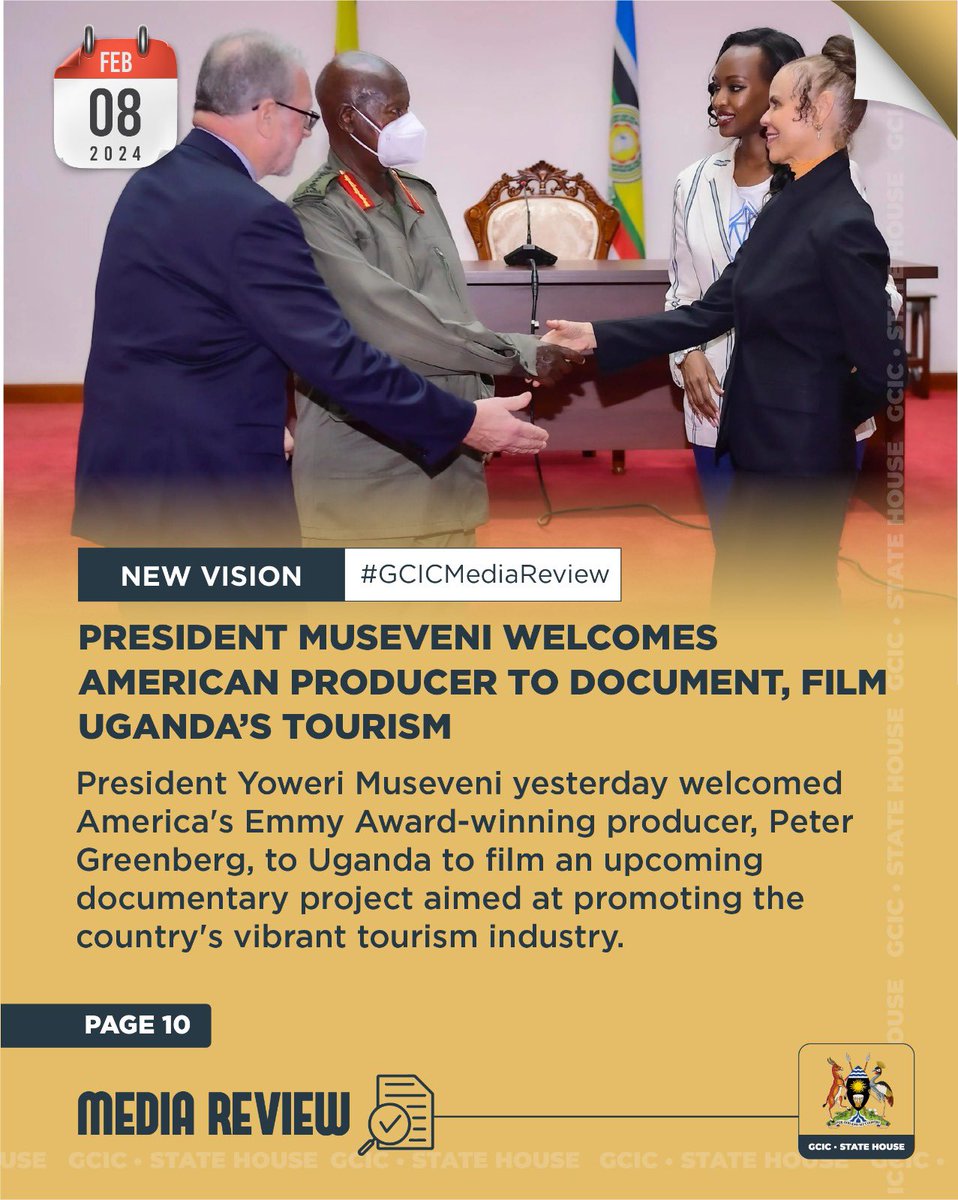 President Yoweri Museveni yesterday welcomed America's EmmyAward-winning producer, Peter Greenberg, to Uganda to film an upcoming documentary project aimed at promoting the country's vibrant tourism industry.
#RealizeUganda  #VisitUganda