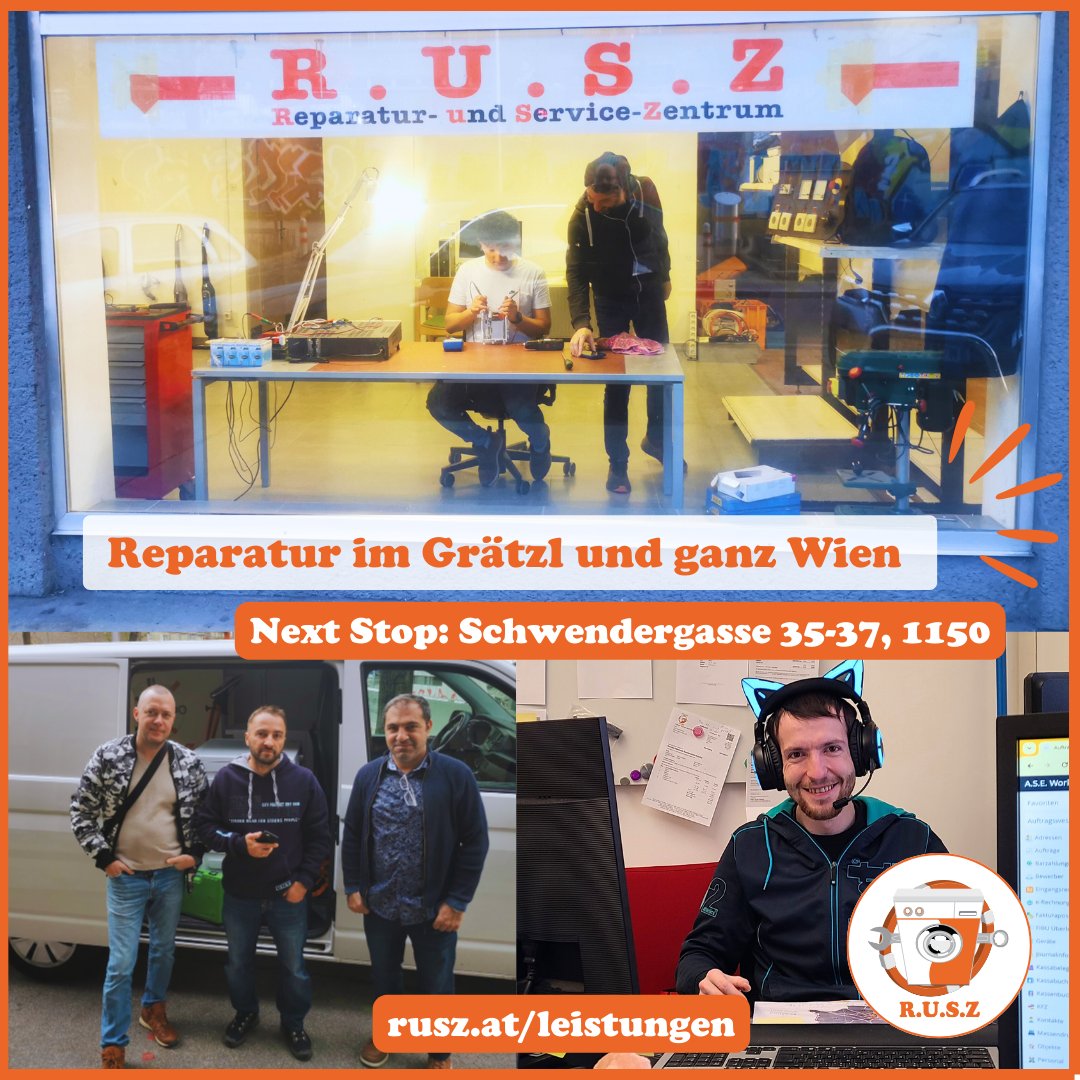 Der Neustart des R.U.S.Z samt Werkstatt-#Reparatur und Außendienst ist in vollem Gange! Kein halbes Jahr nach der Schließung unseres Standorts Lützowgasse erleuchtet ein großes Beginnergefühl den Schwendermarkt. Lasst uns loslegen! 

Unser Angebot:
(1/3)