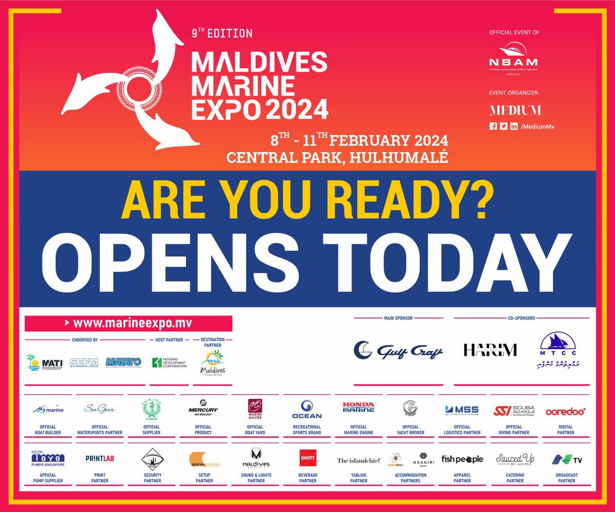 OPENS TODAY - Visit Marine Expo 2024 from 8th - 11th February 2024 at Central Park, Hulhumalé #MarineExpo #2024 #9thEdition  #SeeYouThere 

Register Now: eventsmv.online/rsvp/13/maldiv…
<a href="/MediumMv/">MEDIUM Events Pvt Ltd</a> <a href="/MvMarineExpo/">Maldives Marine Expo</a>